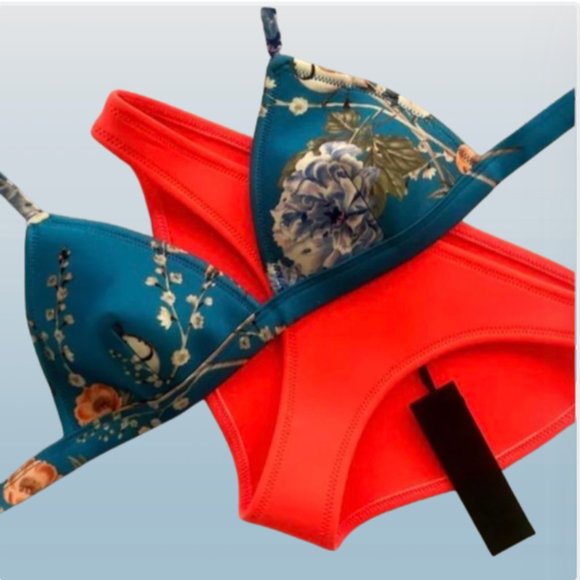 TRIANGL Swim 2 pc Blue Floral Delilah Bikini Top & Neon Coral Bottoms M EUC/NWT